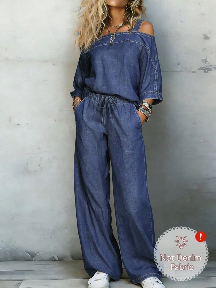 Women Denim‑Look 2 Piece Outfi - Pocket Square Set review and price